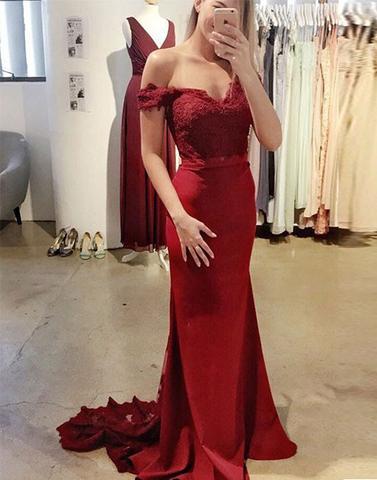 Burgundy lace off shoulder long prom dress, mermaid evening dresses,15041503