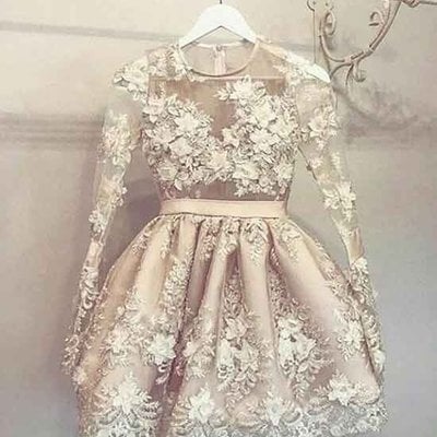 Champagne round neck  lace short prom dress, homecoming dress - Thumbnail 4