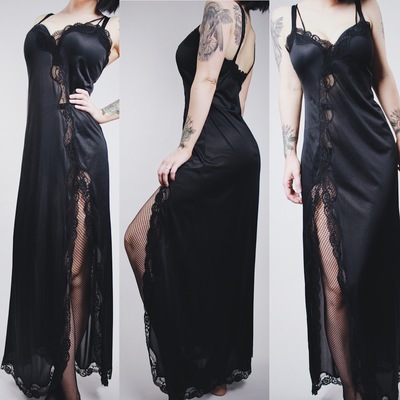 AVAILABLE - Vintage 80s Black Satin and Lace Gown with High Slit