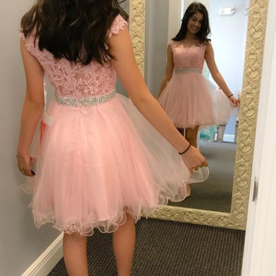 Pink a line lace short prom dress, pink homecoming dresses - Thumbnail 4