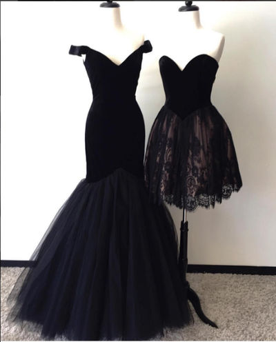 Custom made black tulle long prom dress, black lace homecoming dress