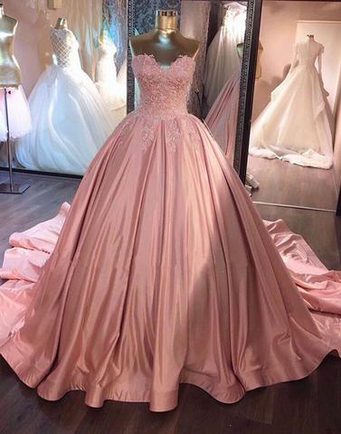 Pink sweetheart neck lace long prom gown, pink evening dress,PD1702708