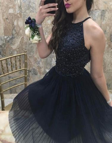 Cute black round neck tulle short prom dress, homecoming dress,PD1702709