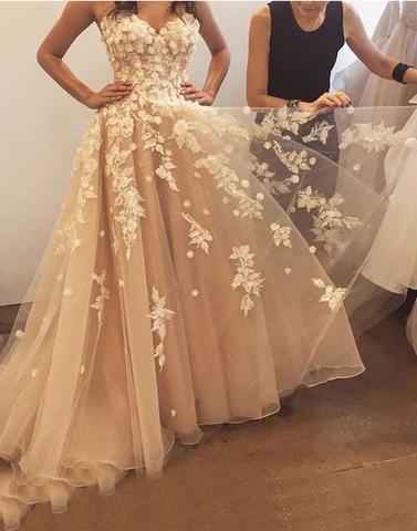 Champagne sweetheart neck tulle lace long prom dress, evening dress,PD1702713