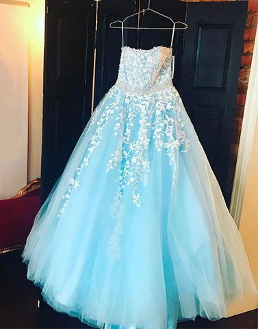 Beautiful A line tulle lace long prom dress, blue evening dress,PD1702715