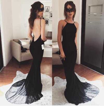 Sexy Black Lace Long Backless Halter Prom Dresses Evening Dresses