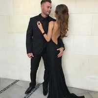 Sexy Black Lace Long Backless Halter Prom Dresses Evening Dresses - Thumbnail 1