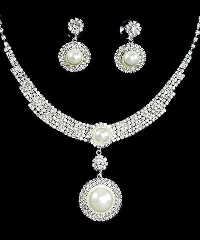 Silver Rhinestone w/Pearl Necklace Set