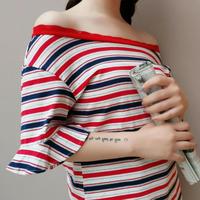 Off Shoulder Striped Shirt - Thumbnail 2