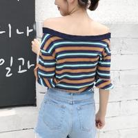 Off Shoulder Striped Shirt - Thumbnail 4