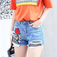 Rose Embroidery Fishnet Denim Shorts - Thumbnail 2