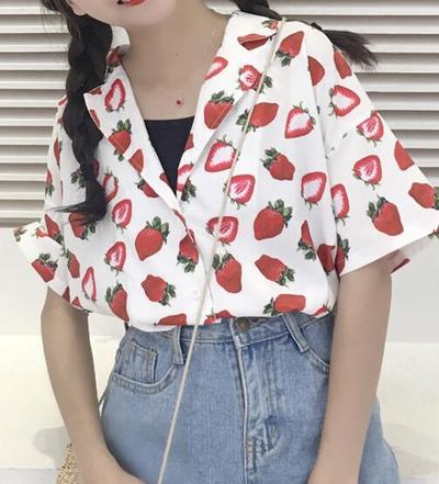 Strawberry Printed Short Sleeve Blouse