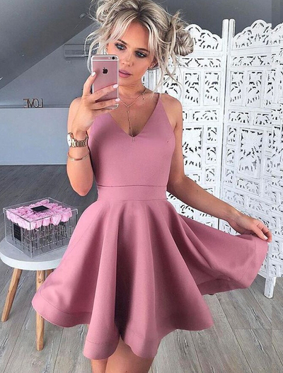 A-Line V-Neck Sleeveless Short Blush Satin Prom Homecoming Dress,short prom dress