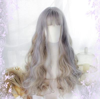 Pastel Purple Grey Ombre Long Curly Wig