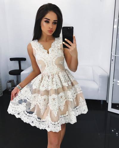 Cute A line lace short prom dress, lace homecoming dresses