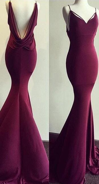 Hot-Sexy Burgundy Mermaid Spaghetti Straps Long Prom Dress