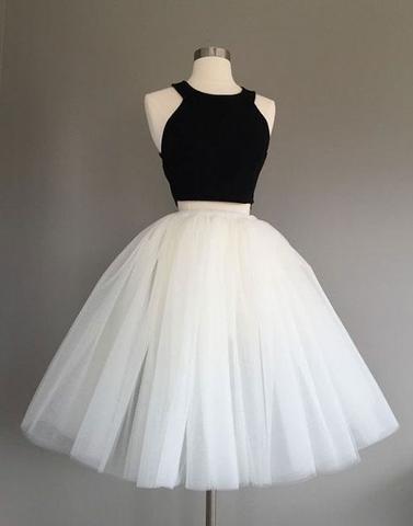 Cute tulle two pieces black and white short prom dress, tulle homecoming dress