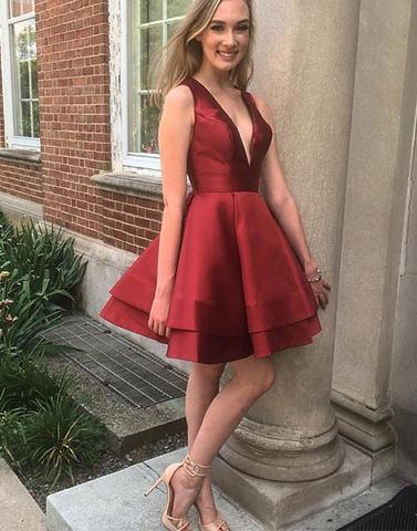Cute v neck burgundy short prom dress, homecoming dresses,PD171402