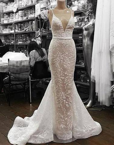 White lace mermaid long prom dress, formal dress,PD171403