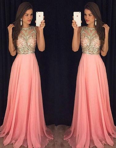 Sparkly crystal beaded pink round neck long prom dress, pink evening dress,PD171407