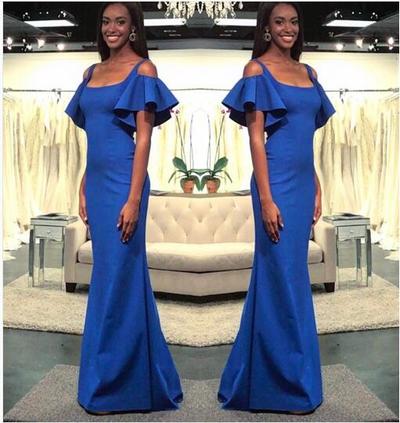 Royal Blue Mermaid Prom Dresses 2018 Scoop Short Sleeve Long Party Gowns Evening Dresses