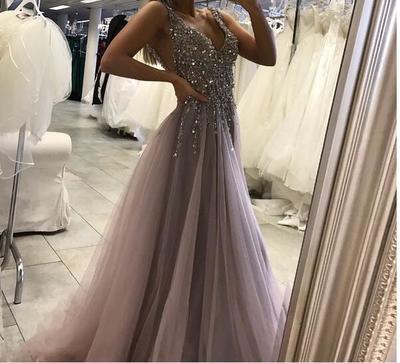 2018 Light Grey A Line Tulle Prom Dresses Sexy Deep V Neck Beading Crystals Evening Formal Dress Gowns