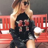 Floral Embroidered Cami Crop Top - Thumbnail 1