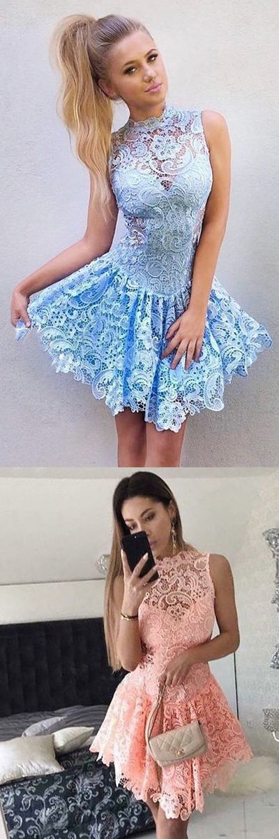 Lace Homecoming Dresses, Crew Neck Homecoming Gowns, Chiffon Homecoming Dress, Mini Short Cocktail Dress