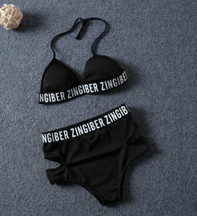 Cute Halter High Waist Tie Up 2 PCS Bikini Swimsuits for Girls Letter Printed Swimwear for Teens