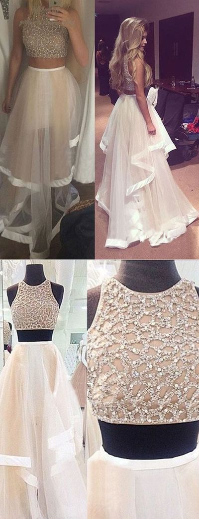 Two Pieces long Tulle Prom Dresses Scoop neck Crystals Women Party Dresses