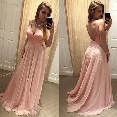Open Back Pink Chiffon Prom Dresses Spaghetti Straps Women Party Dresses