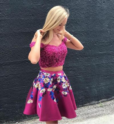Sexy Two Piece Fuchsia Off the Shoulder Prom Dresses Homecoming Dresses for Junior