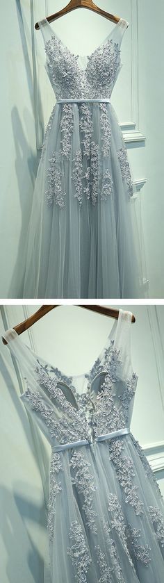 V-neck Long Tulle Prom Dresses Lace Appliques Women Party Dresses