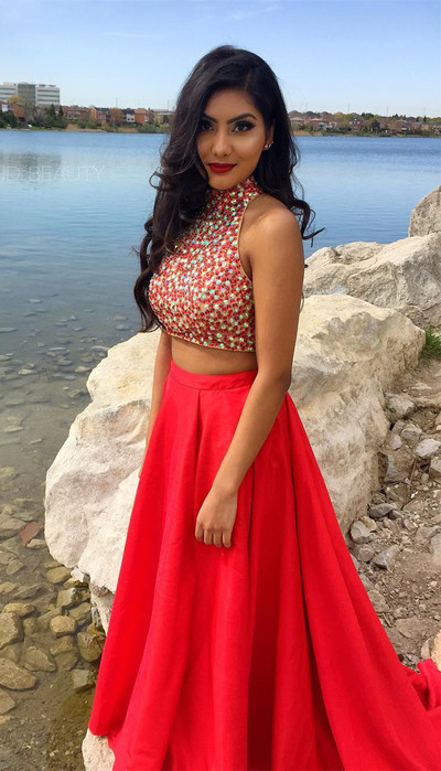 Two Pieces Red Satin Prom Dresses Crystals Women Party Dresses