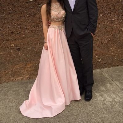 Two Pieces Long Pink Prom Dresses Halter Neck Crystals Women Dresses