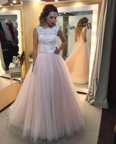 Scoop Neck A-line Tulle Prom Dresses Lace Women Party Dresses