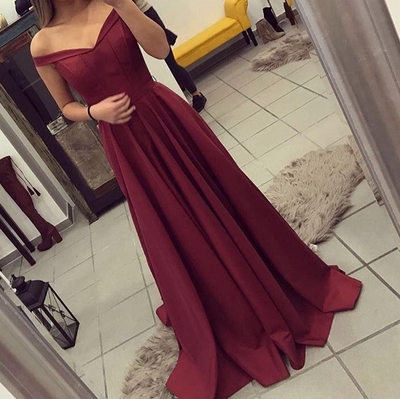 Off Shoulder A-line Satin prom Dresses Floor Length Women Party Dresses