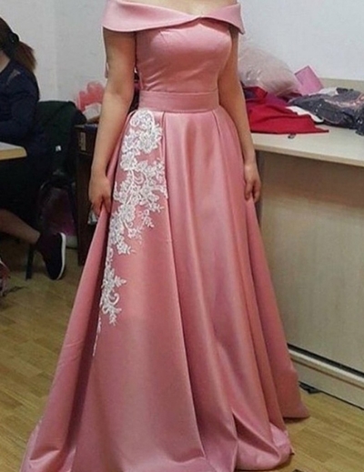 Off Shoulder A-line Satin Prom Dresses Floor Length Women party Dresses