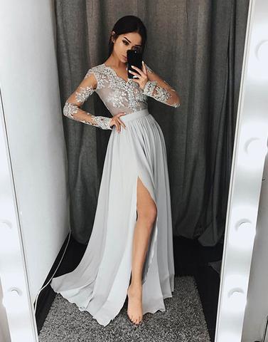 Stylish long sleeve lace A line prom dress, gray long evening dresses,PD171801