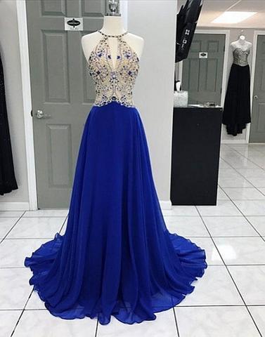 Unique royal blue chiffon A line long prom dress with beading, formal dresses,PD171803