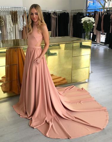 Simple A line pink long prom dress with train, pink evening dress,PD171804