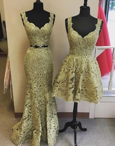 Unique gold lace v neck long prom dress, homecoming dress,PD171806