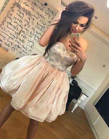 Cute champagne A line strapless short prom dress, homecoming dress,PD171807