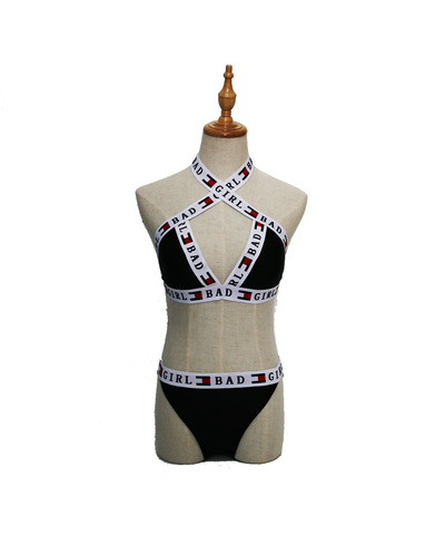 Cross Straps Letter Print 2PCs Bikini Swimwear for Girl with Bandage Back