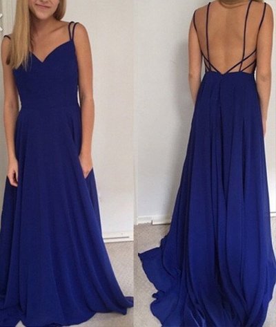 Open Back Blue Chiffon Prom Dresses Spaghetti Straps Women Party Dresses