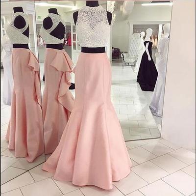 Two Pieces Mermaid Pink Satin Prom Dresses Crystals Women Party Dresses