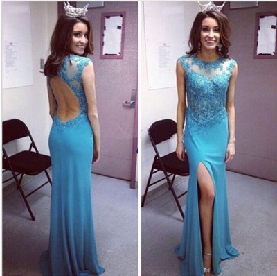 Sheath Chiffon Prom Dresses Scoop Neck Lace Appliques Women Party Dresses