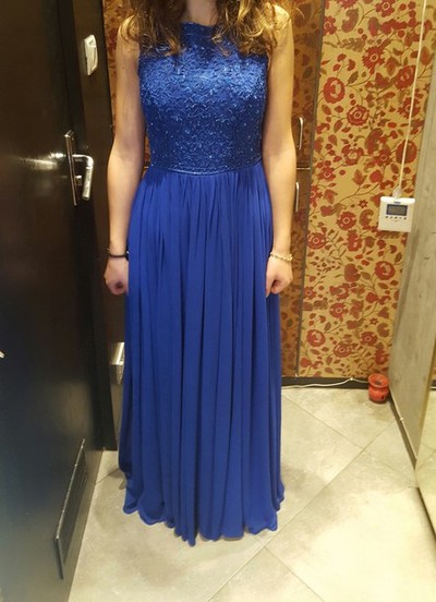 Scoop neck Long Chiffon Prom Dresses Lace Appliques Women Party Dresses