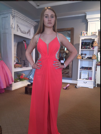 Spaghetti Straps Sheath Chiffon Prom Dresses Crystals Women Party Dresses