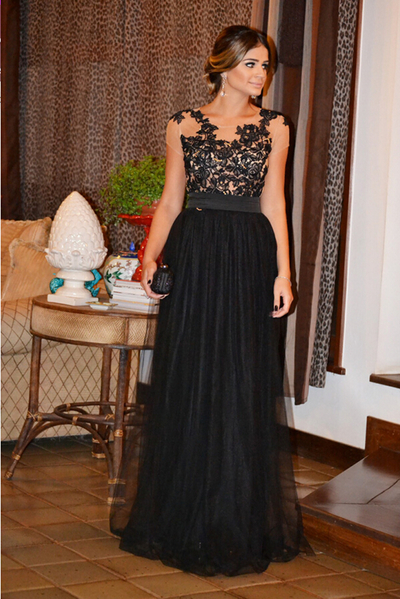 Black Tulle Prom Dresses Lace Appliques Scoop Neck Women Dresses
